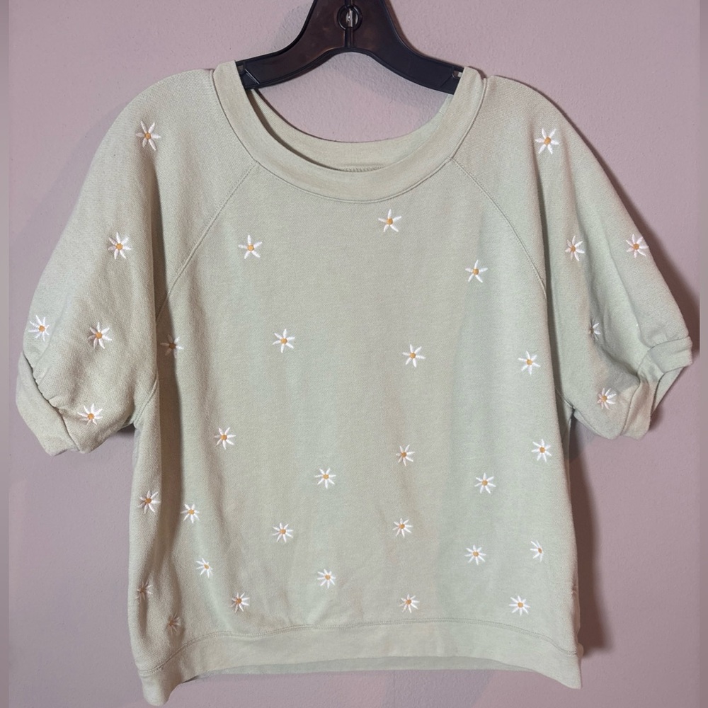 Madewell Daisy Embroidered Short Puff-Sleeve Crew Neck Sweatshirt Green Medium